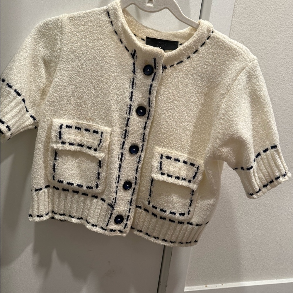 Zara Cream Blouse with Black Stitching